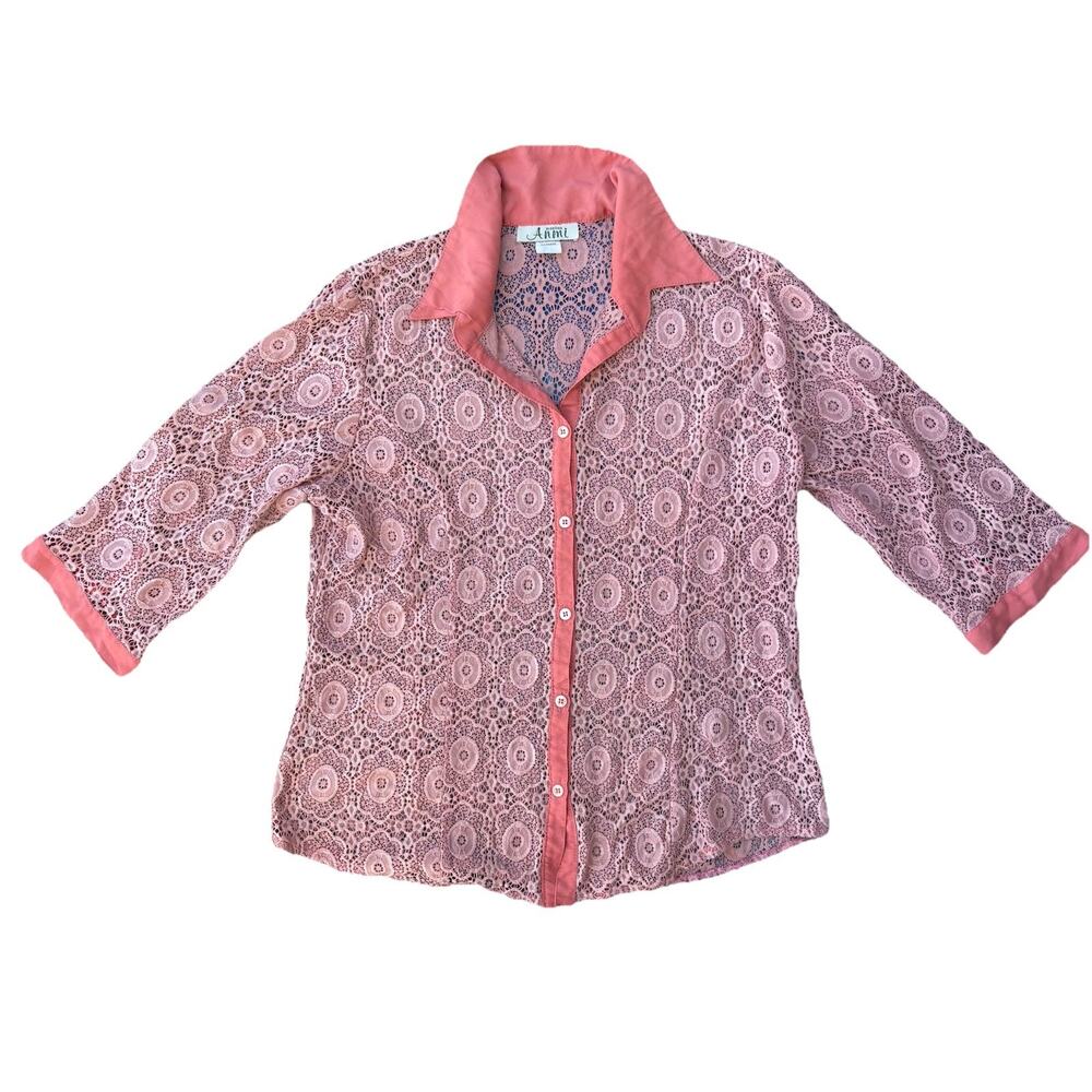 Disenos Anmi VTG Coral Pink 3/4 Sleeve Sheer Light Lace Blouse Women’s Size 38